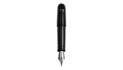 Sleek, black fountain pen with a silver nib, isolated against a solid black background