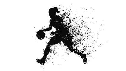 Dynamic silhouette of female basketball player dribbling with particle effect