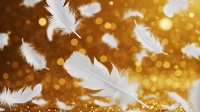 White feathers falling gently against golden glitter bokeh background