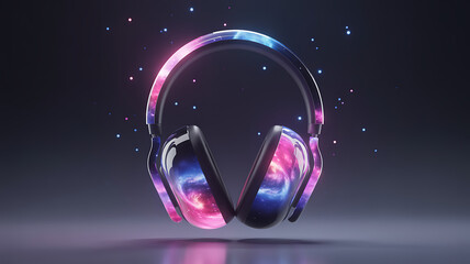 Sleek over ear headphones featuring a vibrant cosmic galaxy and nebula design with glowing stars and colorful reflections on a dark background music technology accessory
