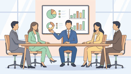 Business professionals in a meeting presenting data and discussing strategy