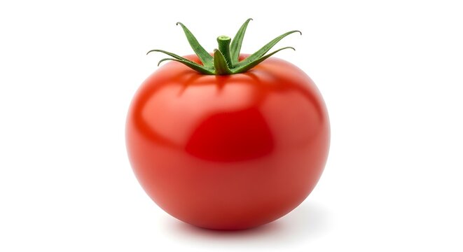 A single, bright red tomato isolated on a white background, featuring its green stem and leaves
