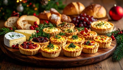 Festive wooden platter laden with various savory tarts, cheese, bread, & grapes