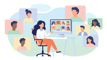 Online video conference with a woman leading a virtual meeting