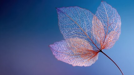 A leaf is shown in a blue background with a purple hue. The leaf is thin and delicate, and it is a leaf from a tree. The image has a calming and serene mood, as the leaf is the main focus