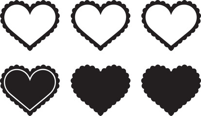 Scalloped edge heart shapes set. Simple heart scalloped border. Fabric laces silhouette frame. Repeat cute vintage frill ornament. Texture ribbons. Vector illustration isolated on white background