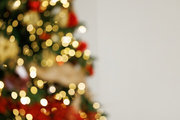 Blurred background, bokeh garlands in the background. New Year concept.