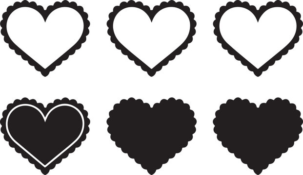 Scalloped edge heart shapes set. Simple heart scalloped border. Fabric laces silhouette frame. Repeat cute vintage frill ornament. Texture ribbons. Vector illustration isolated on white background
