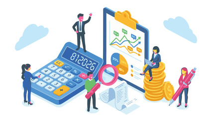 Isometric financial business analysis and planning with people and data