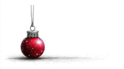 A red, textured ornament with shimmering speckles hangs against white