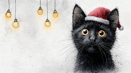 Adorable black kitten in a festive hat with glowing string lights