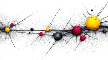 Abstract dotted line with spheres, radiating lines, and scattered points