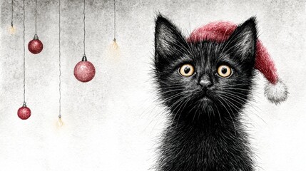 Adorable black kitten wearing a Santa hat with Christmas baubles