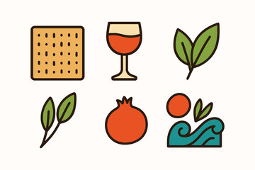 A set of colorful flat icons depicting elements like matzah, wine, pomegranate, and leaves