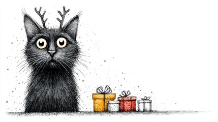 Black cat with antlers and gifts, whimsical holiday illustration