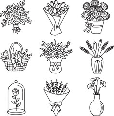 Set of flowers bouquet icons. Contains icons - chamomile, rose flower, calla, tulip, peony and others. Vector. 