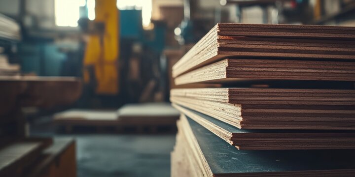 Stack of plywood sheets in a woodworking factory setting.