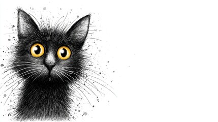 Fluffy black cat with wide, bright orange eyes, sketch style