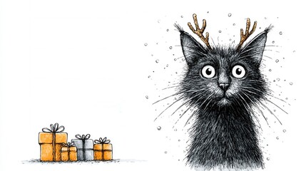 Fluffy black cat with antlers, surrounded by festive gifts