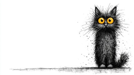 Fluffy black cat with wide, bright yellow eyes on white background