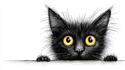 Fluffy black kitten peeking over a surface with wide yellow eyes