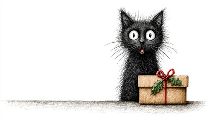 Fluffy black cat with wide eyes, near a festive gift box