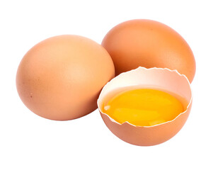 Two whole and one cracked brown egg with visible yolk