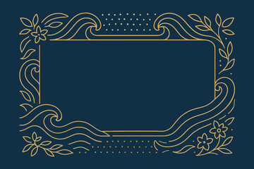 Elegant gold line art frame featuring floral and wave patterns on a navy blue background