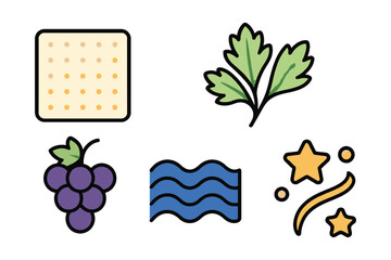 A set of five colorful icons including a cracker, grapes, parsley, water, and sparkles