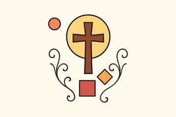 A simple illustration of a christian cross with decorative flourishes and geometric shapes