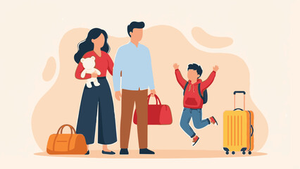 Family with luggage ready for vacation, child excited for the trip