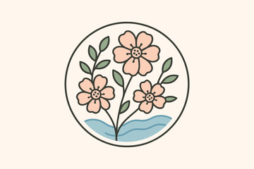 Minimalist pink flower and green leaf illustration in circle frame on beige background