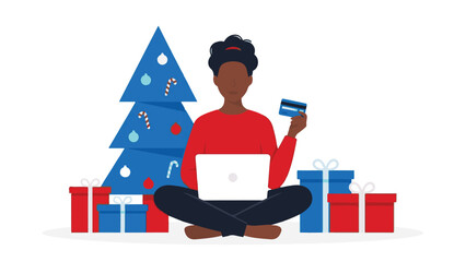 Woman shopping online for holiday gifts with credit card and laptop