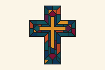 Colorful geometric stained glass cross illustration representing faith and religion