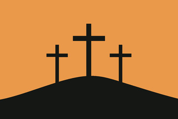 Three crosses on calvary minimalist silhouette against an orange background