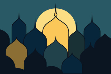 A simple artistic illustration featuring multiple mosque domes in silhouette with a large yellow moon