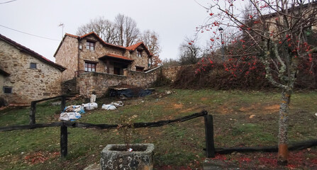 Fachada de una casa rural de piedra con un árbol de frutos rojos en primer plano durante el invierno en Verdeña, palencia, España © Gabrieuskal