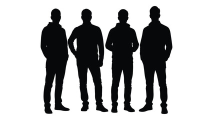 Four men standing together in a row depicted as a stark black silhouette