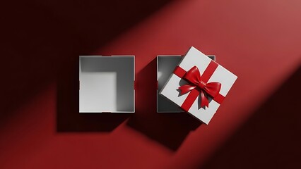 Open white gift box with red ribbon on red surface