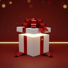 Illuminated gift box with red ribbon and bokeh lights