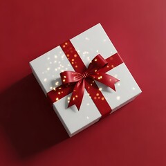 Elegant white gift box with red ribbon tied in a bow on red background