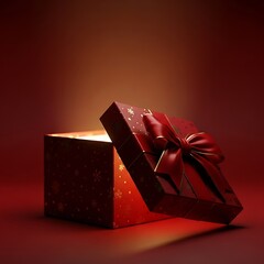 Mysterious glowing gift box with red ribbon
