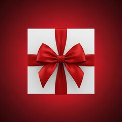Elegant white gift box with red ribbon on red background