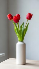 Vibrant red tulips in a simple white vase on a table