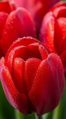 Close up of vibrant red tulips glistening with dew drops