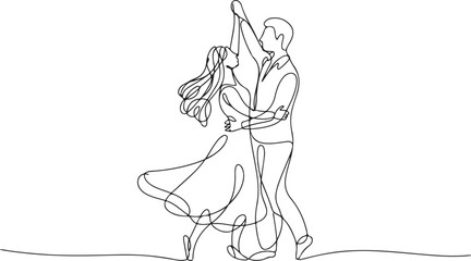 Single one line drawing happy cute married man and woman dancing on the floor at party park. Romantic young wedding couple holding hands and spinning around