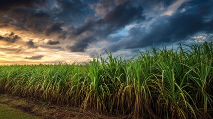 Fototapeta premium Tall sugarcane plants stretch across the field under a sky filled with dark clouds and bright sunset colors. The scene captures nature's beauty during the evening.