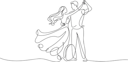 Single one line drawing happy cute married man and woman dancing on the floor at party park. Romantic young wedding couple holding hands and spinning around