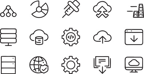 Collection of modern technology and data icons including cloud computing networking and software development symbols perfect for web and mobile apps or IT solutions