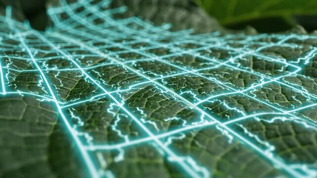 Digital grid overlaid on a leaf surface for environmental monitoring